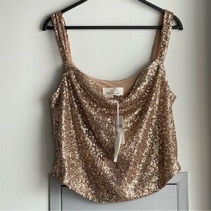 NWT ANTHROPOLOGIE Sequin Gold Cowl Neck Tank Top